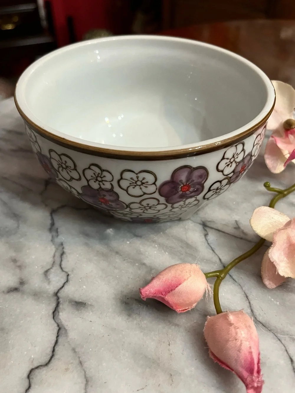 Yokohama Studio Japan Hand Painted Textured Floral Purple Blossom Ceramic Bowl